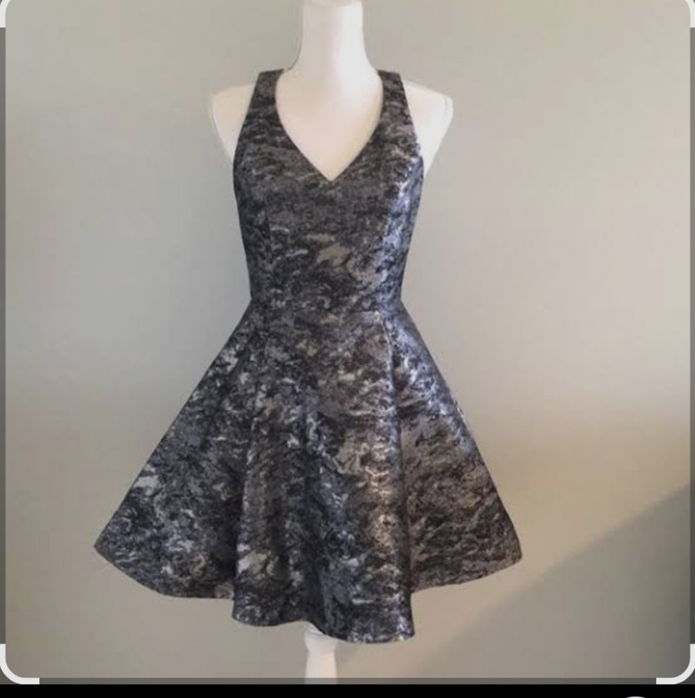 Design Lab gray Blue/Silver Metallic Pleated Fit&Flare Mini Dress Size XS NWOT